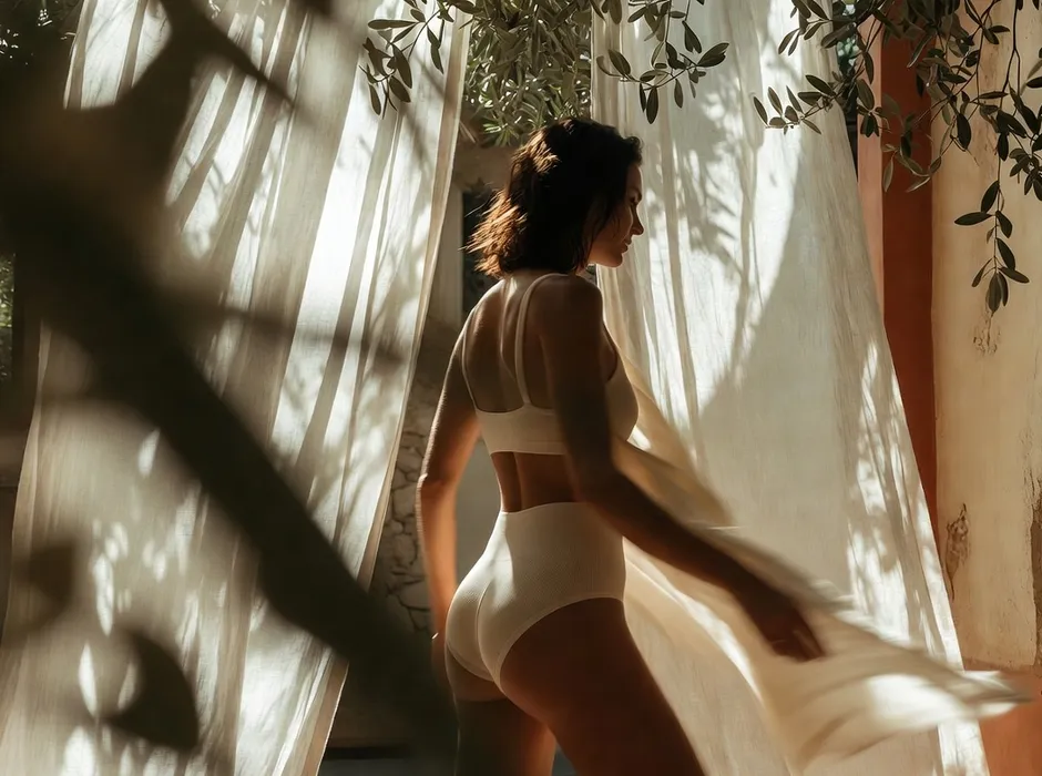 Woman enjoying a calm morning wellness routine in soft natural light
