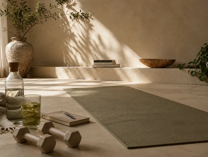 Editorial wellness setting with neutral tones and sage accents