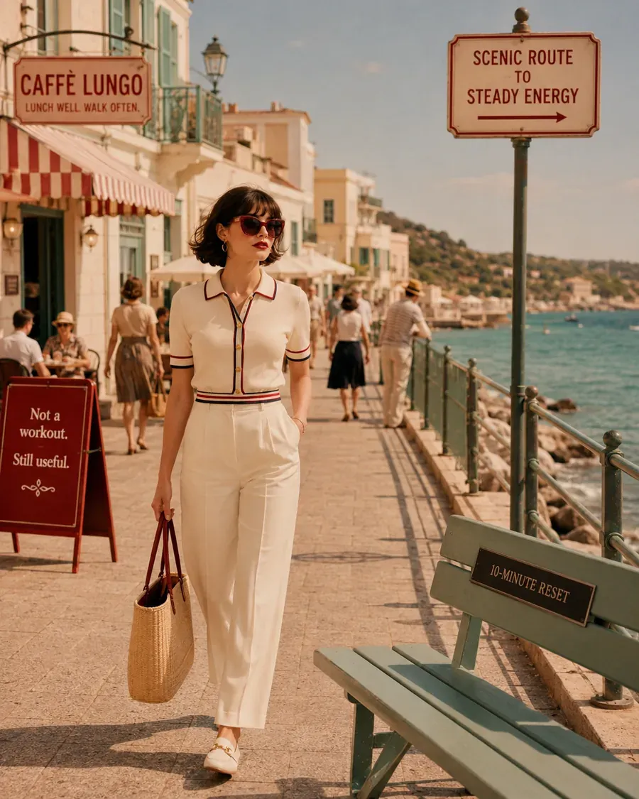 Woman walking along a Mediterranean promenade after lunch with signs about a gentle post-meal walk | Becoming Elysian quiet luxury wellness