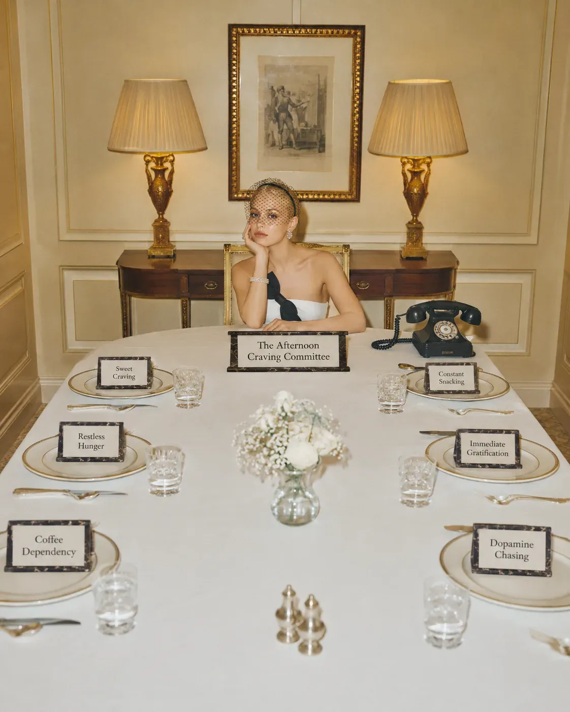 Formal dining table labelled with sweet cravings, restless hunger, coffee dependency, and dopamine chasing as the afternoon craving committee | Becoming Elysian cravings and protein