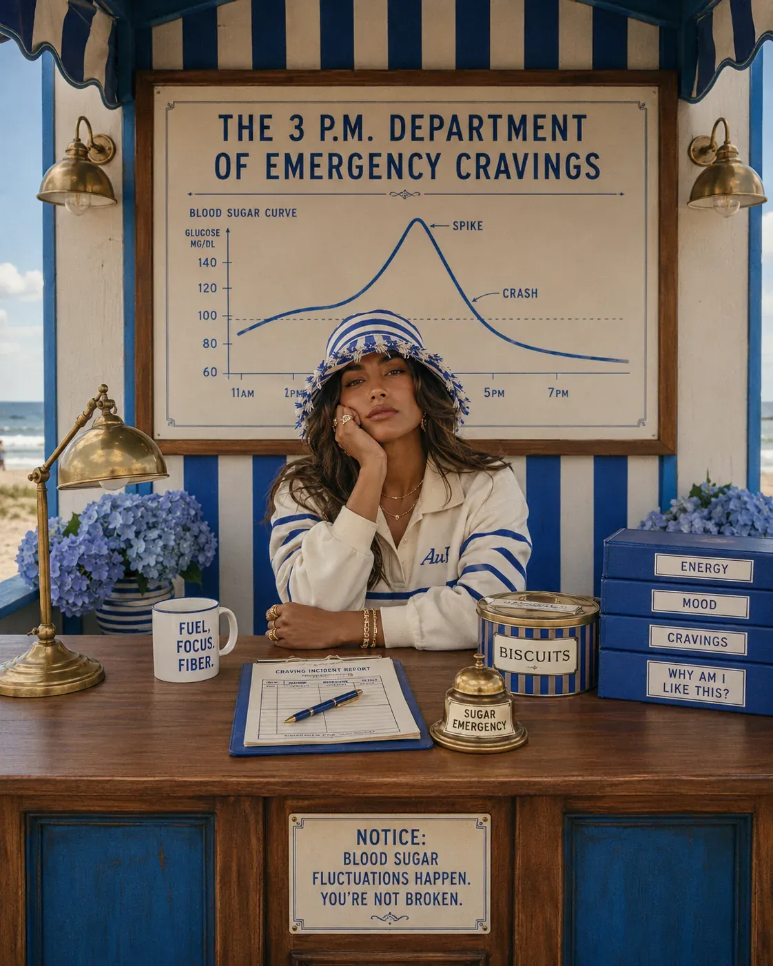 Woman seated at a whimsical blue-and-cream desk labelled the 3 p.m. department of emergency cravings, capturing afternoon sugar cravings and blood sugar dips | Becoming Elysian blood sugar balance for women