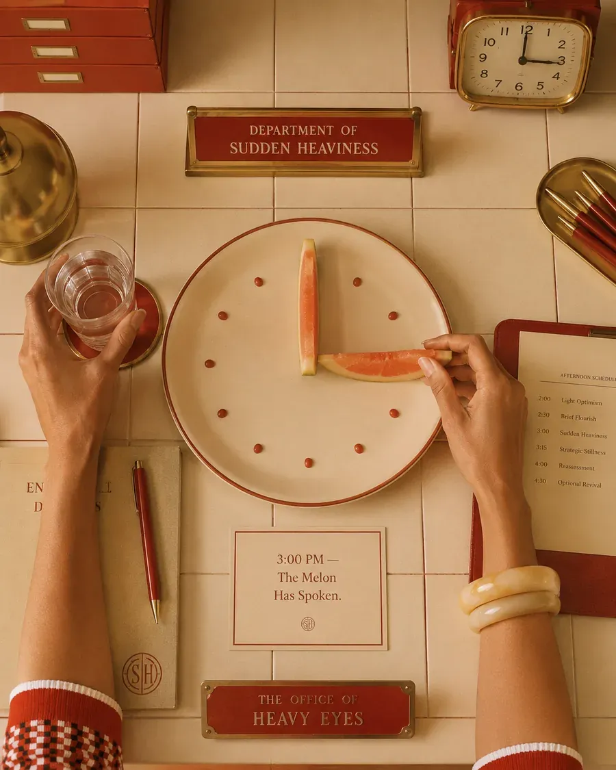 A cinematic plate-clock scene at 3 p.m. suggesting an afternoon energy crash, with warm red and cream styling | Becoming Elysian wellness