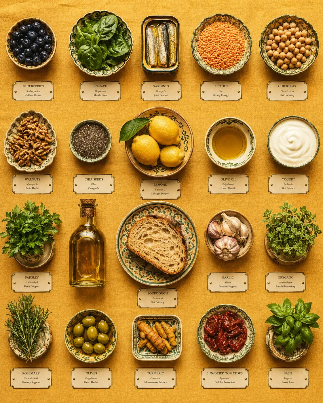 Organized Mediterranean anti-inflammatory foods grid with blueberries, spinach, sardines, lentils, chickpeas, olive oil, yogurt, herbs, turmeric, olives, and citrus