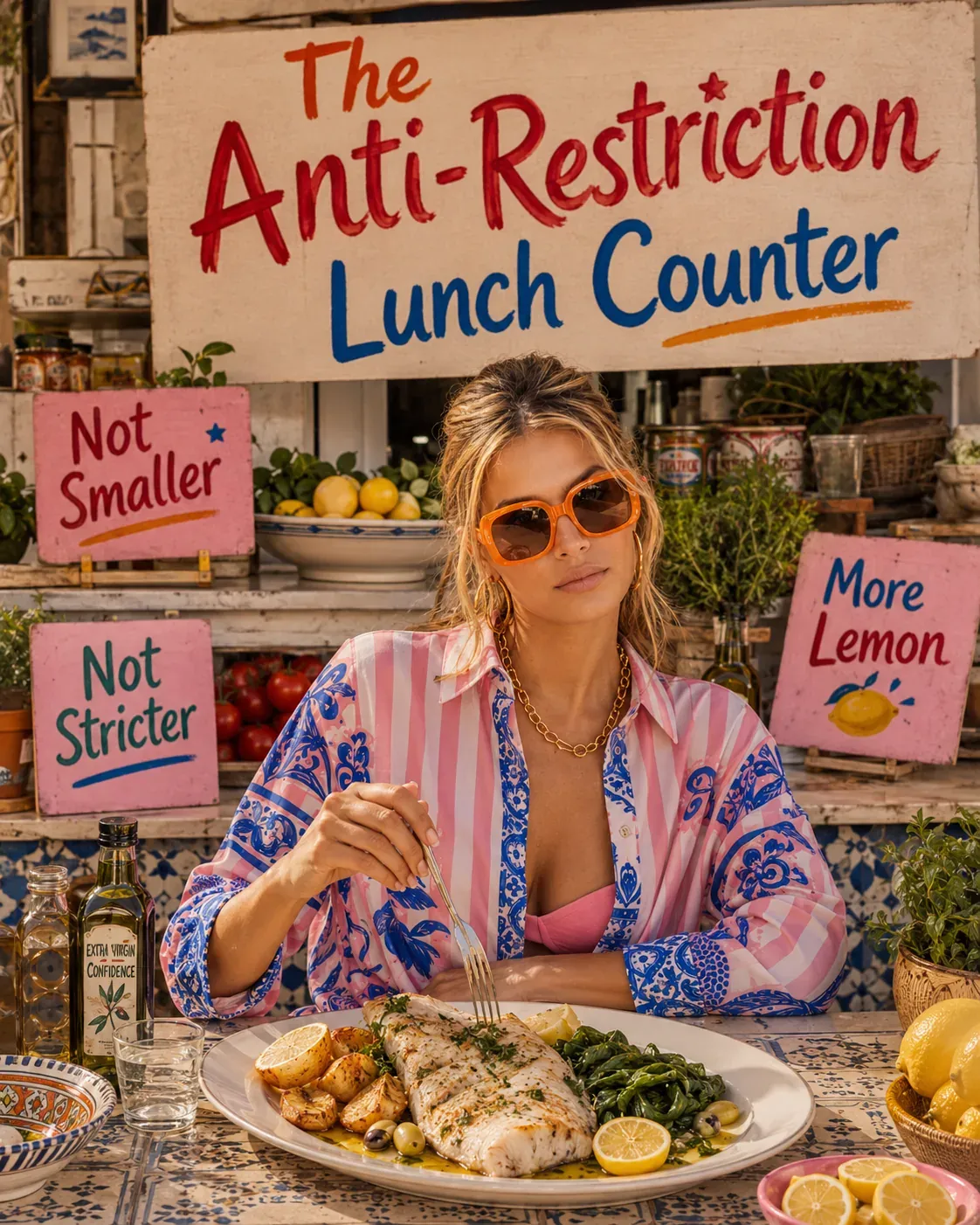 Woman eating a generous Mediterranean fish lunch under signs reading not smaller, not stricter, more lemon | Becoming Elysian balanced lunch