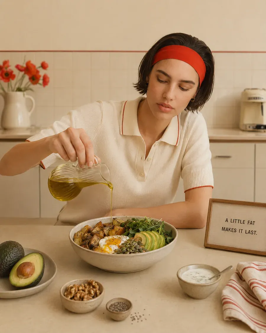 Woman drizzling olive oil over a nourishing breakfast bowl with avocado, grains, nuts, and greens in warm kitchen light | Becoming Elysian healthy fats breakfast