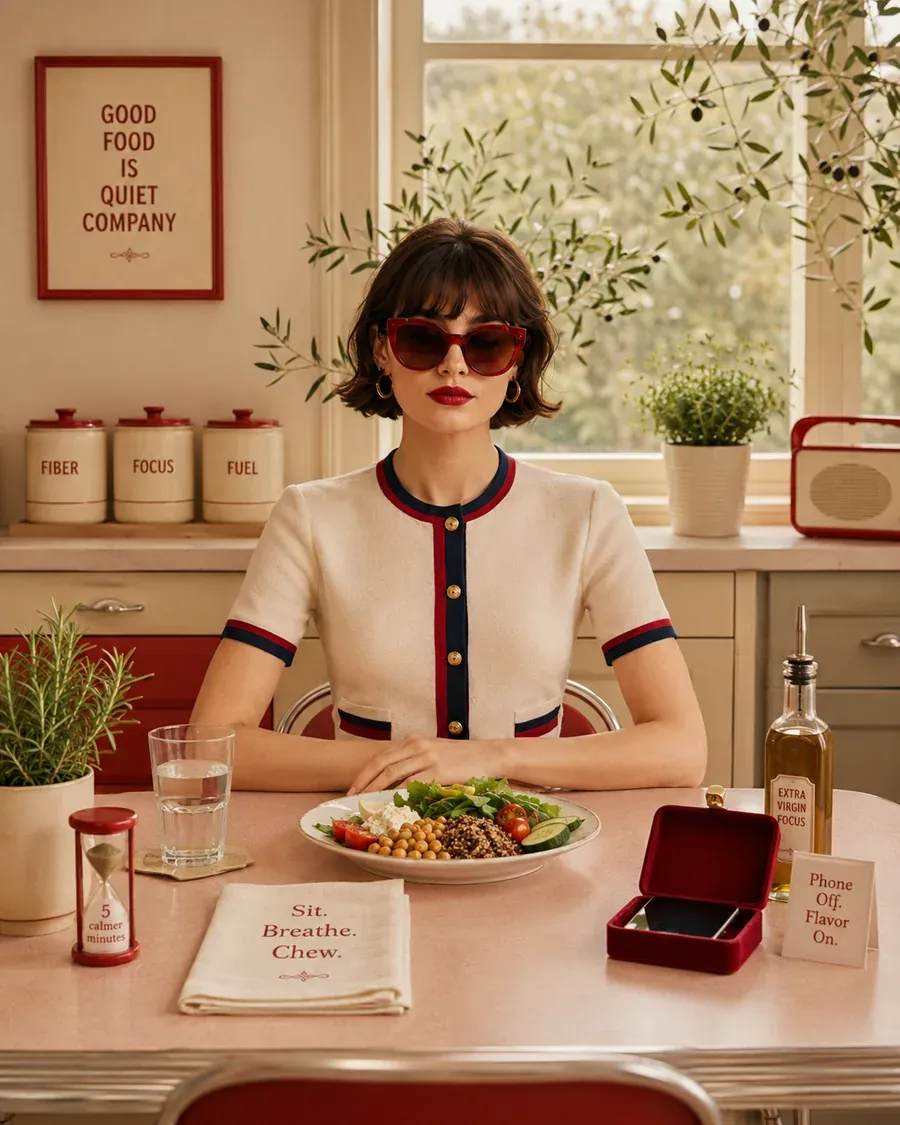 Woman at a work desk with a balanced meal, water, and a sign about not eating lunch like an emergency | Becoming Elysian quiet luxury wellness