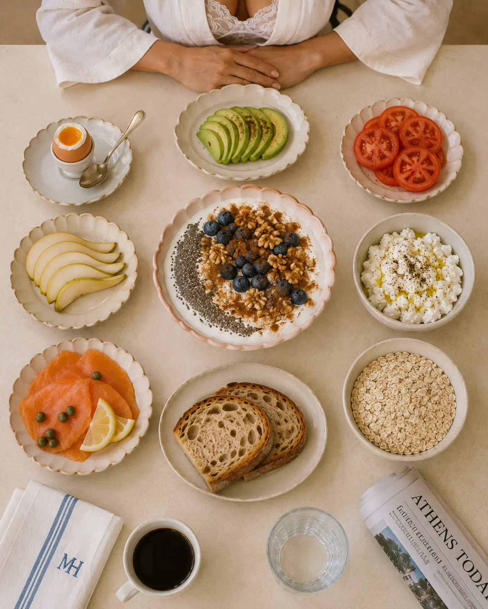 Top-down view of a serene Mediterranean breakfast table with soft-boiled egg, sliced avocado, tomatoes, smoked salmon with capers and lemon, cottage cheese, pear slices, sourdough bread, oats, coffee, and a newspaper | Becoming Elysian quiet luxury wellness editorial