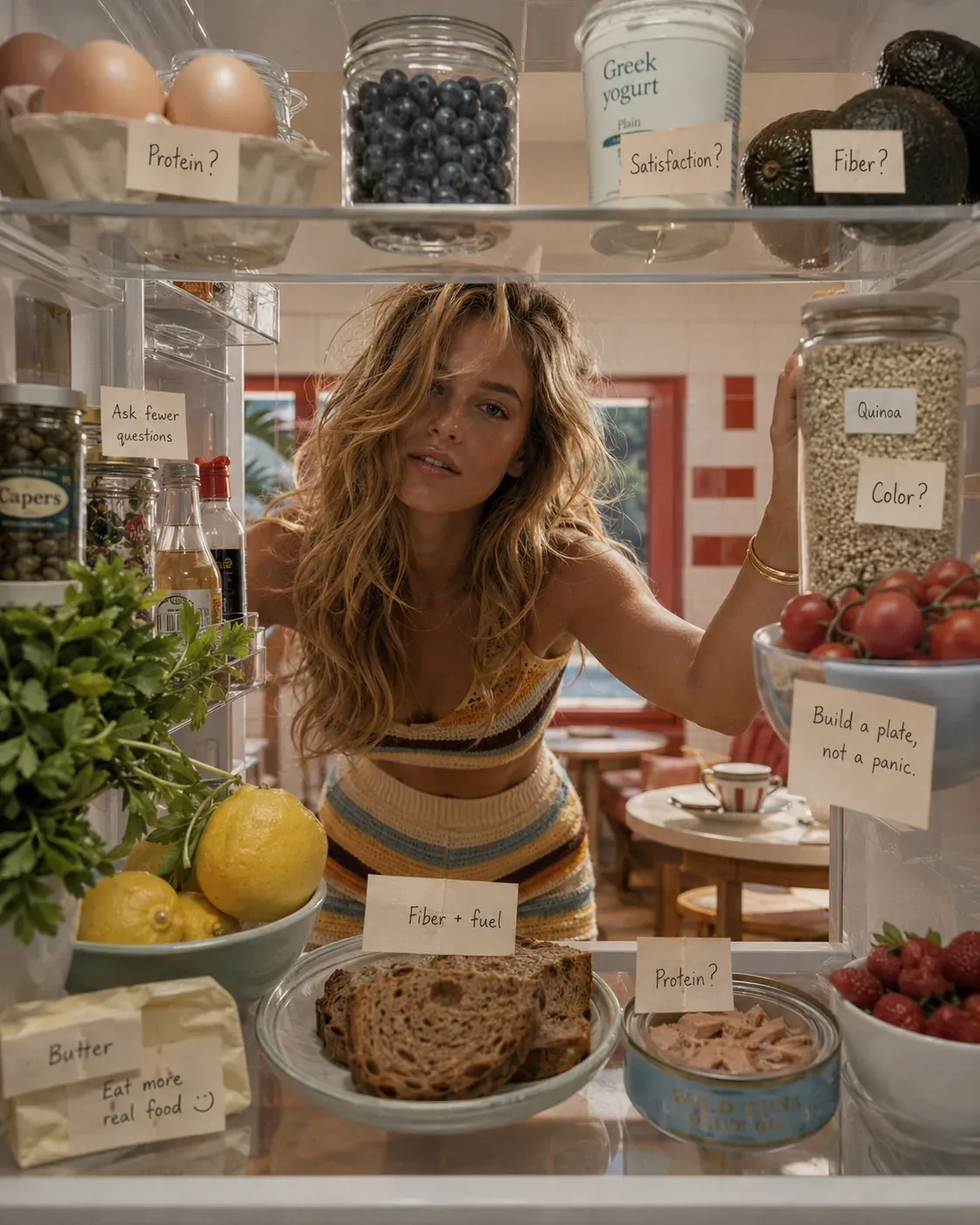 Woman looking into a fridge filled with simple protein, fiber, color, and healthy fat options for a balanced plate | Becoming Elysian
