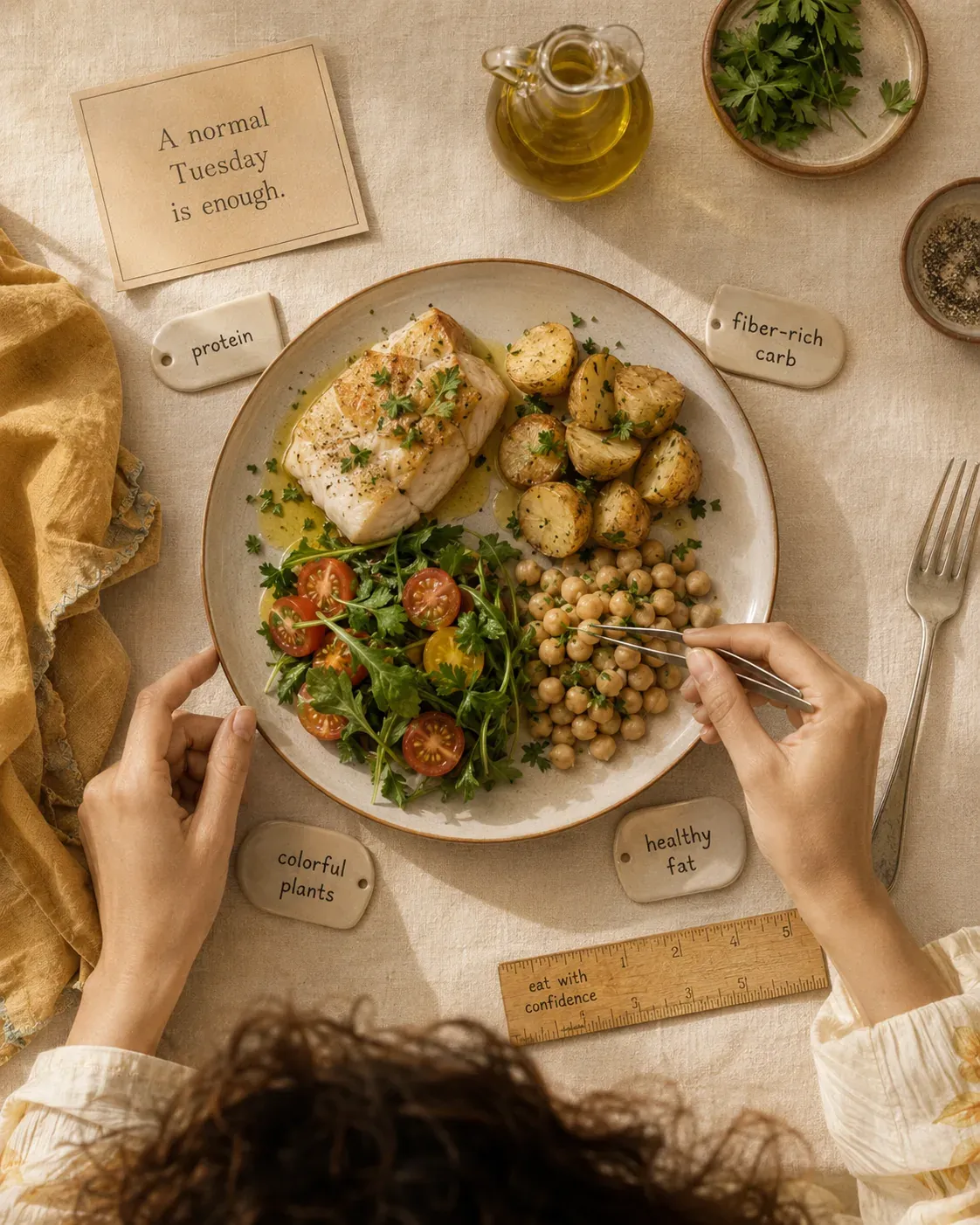 Overhead balanced plate with protein, fiber-rich carbohydrate, colorful plants, and healthy fat labels | Becoming Elysian balanced plate method