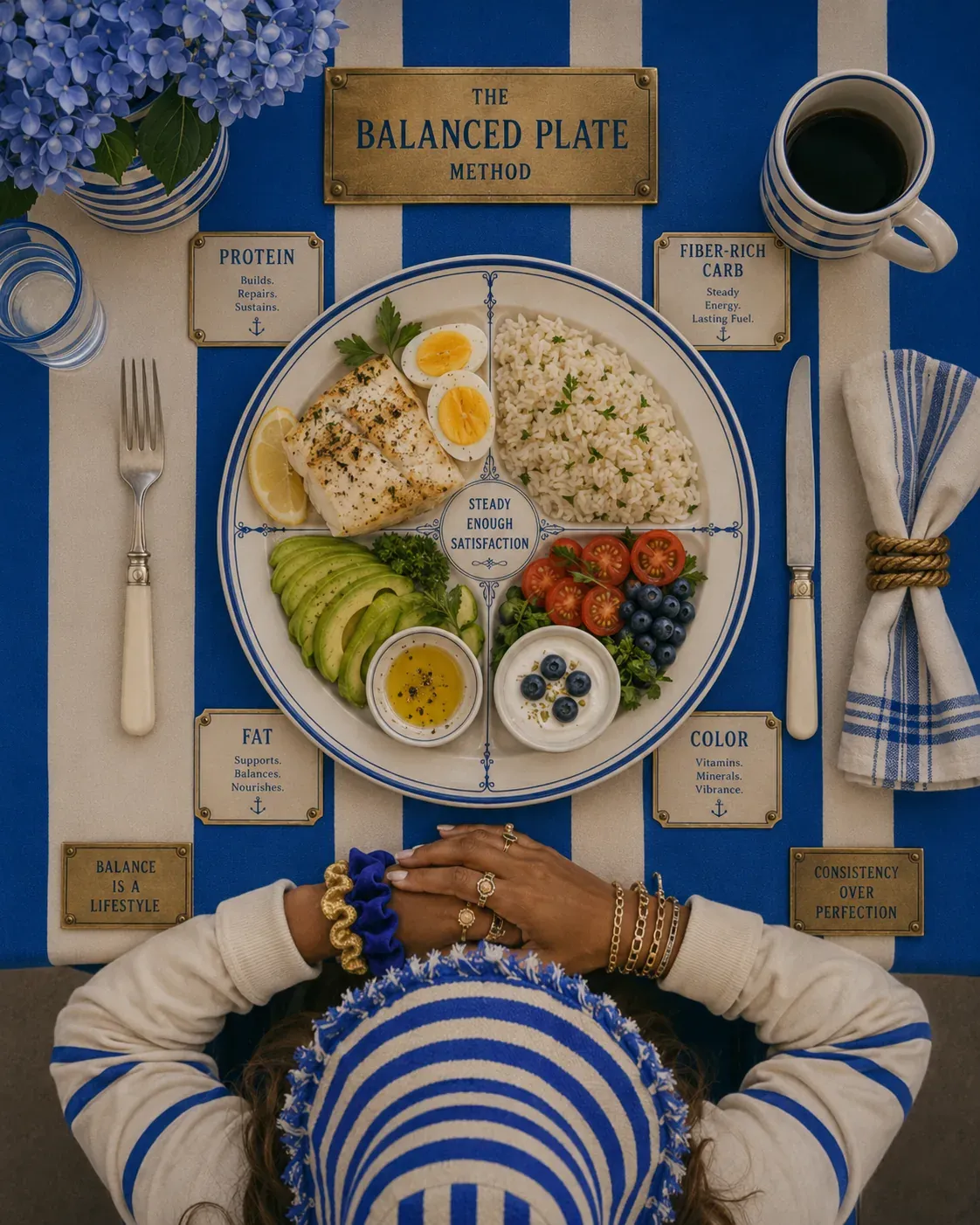 Overhead balanced plate with protein, fiber-rich carbohydrates, healthy fats, and colorful plants arranged in an elegant wellness composition | Becoming Elysian balanced plate method