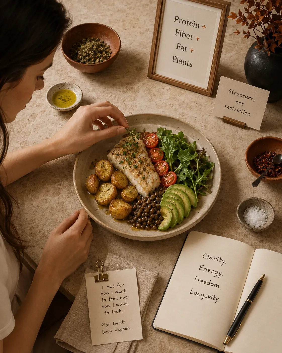 Overhead view of a balanced plate with protein, fiber-rich carbohydrates, healthy fat, and colorful plants for steadier energy | Becoming Elysian