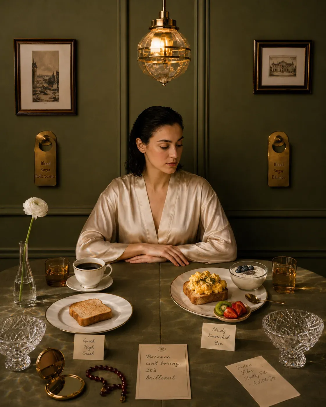 Woman seated between a light toast breakfast and a more balanced protein-rich breakfast with eggs, yogurt, fruit, coffee, and notes about blood sugar balance