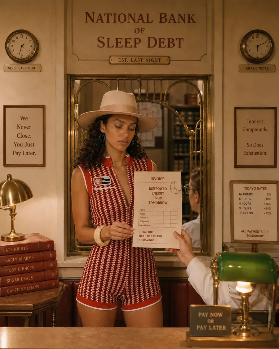 Woman holding paperwork at the National Bank of Sleep Debt, symbolizing poor sleep and afternoon fatigue | Becoming Elysian