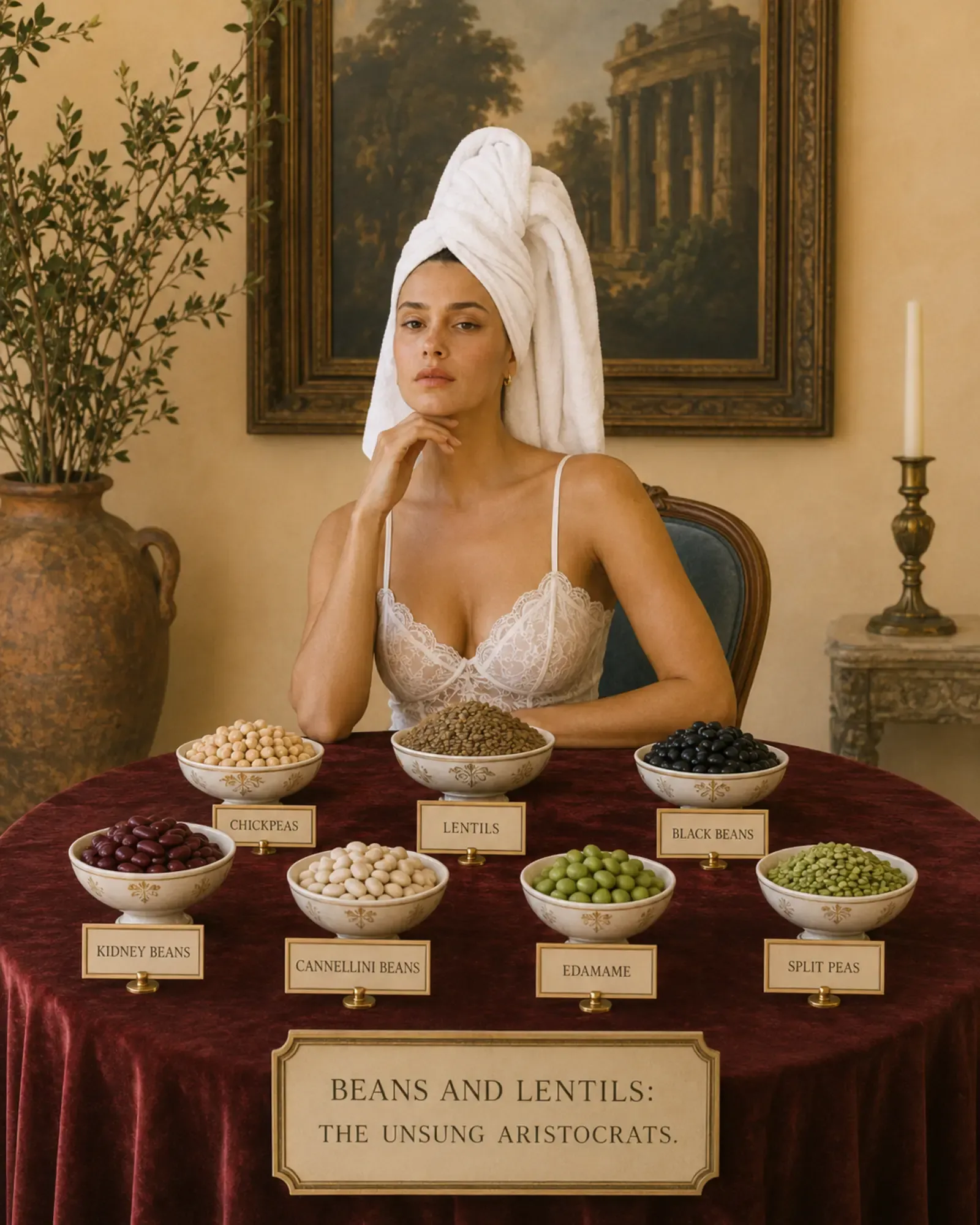 Woman in white lace camisole and towel turban seated at a velvet-draped round table with elegant bowls of chickpeas, lentils, black beans, kidney beans, cannellini beans, edamame, and split peas, classical painting and candlelight in background | Becoming Elysian quiet luxury wellness editorial