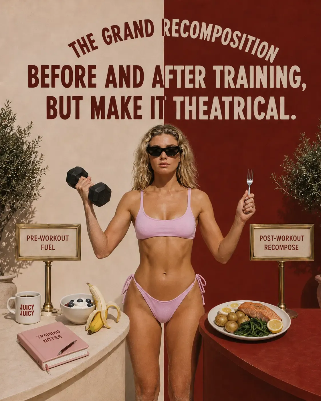 A powerful split scene showing the same woman before and after training: on the left she holds a dumbbell with pre-workout fuel (coffee, banana, yogurt), on the right she holds a fork with a post-workout plate of salmon and vegetables. Bold text reads "BEFORE AND AFTER TRAINING, BUT MAKE IT THEATRICAL" in a dramatic yet elegant setting | Becoming Elysian pre and post workout nutrition for women