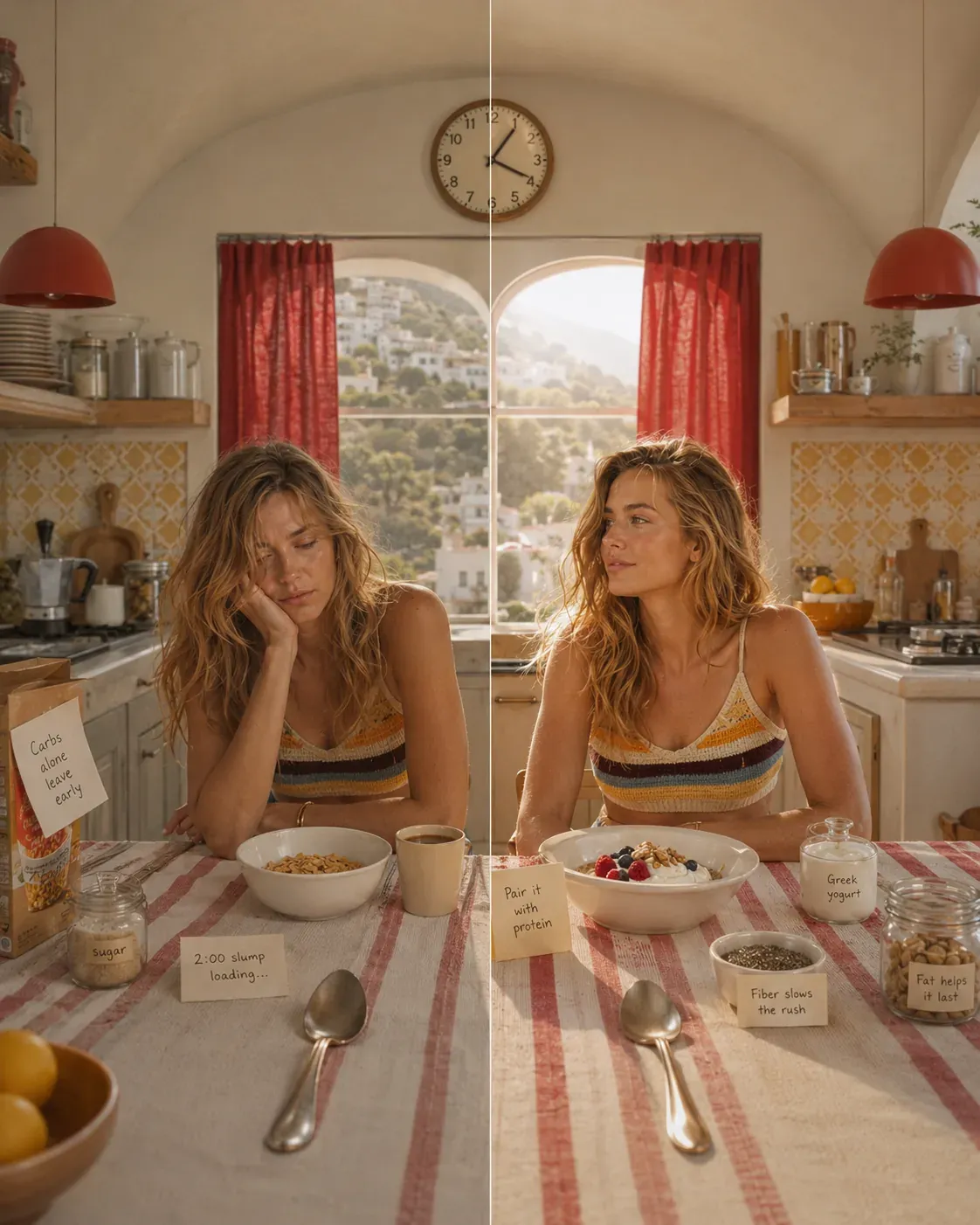 Split kitchen scene comparing a carb-only breakfast with a balanced breakfast that includes Greek yogurt, fiber, and healthy fats | Becoming Elysian