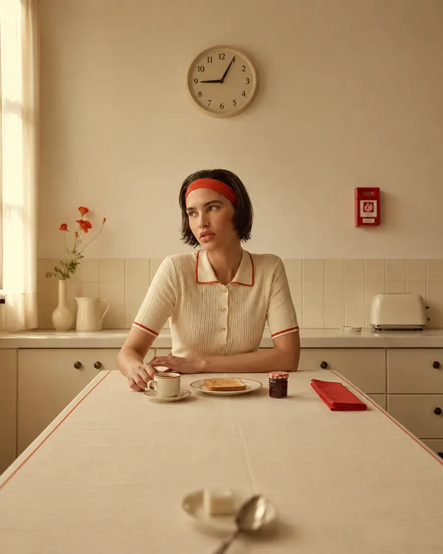 Woman preparing a calm blood-sugar-friendly breakfast in a warm cream kitchen with eggs, toast, coffee, and morning light | Becoming Elysian steady energy breakfast for women