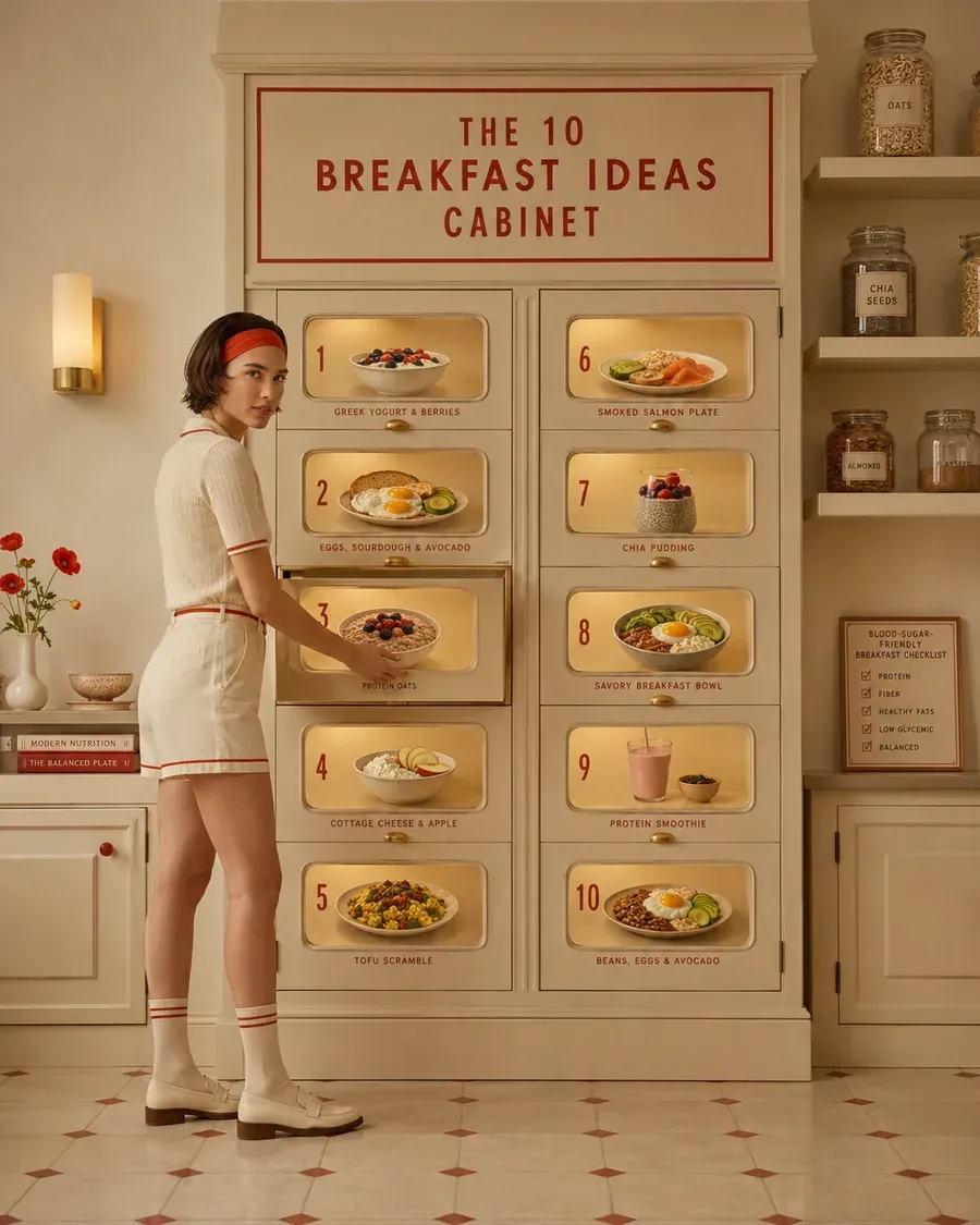 Woman opening a vintage cabinet of ten blood-sugar-friendly breakfast ideas displayed like curated drawers | Becoming Elysian breakfast inspiration