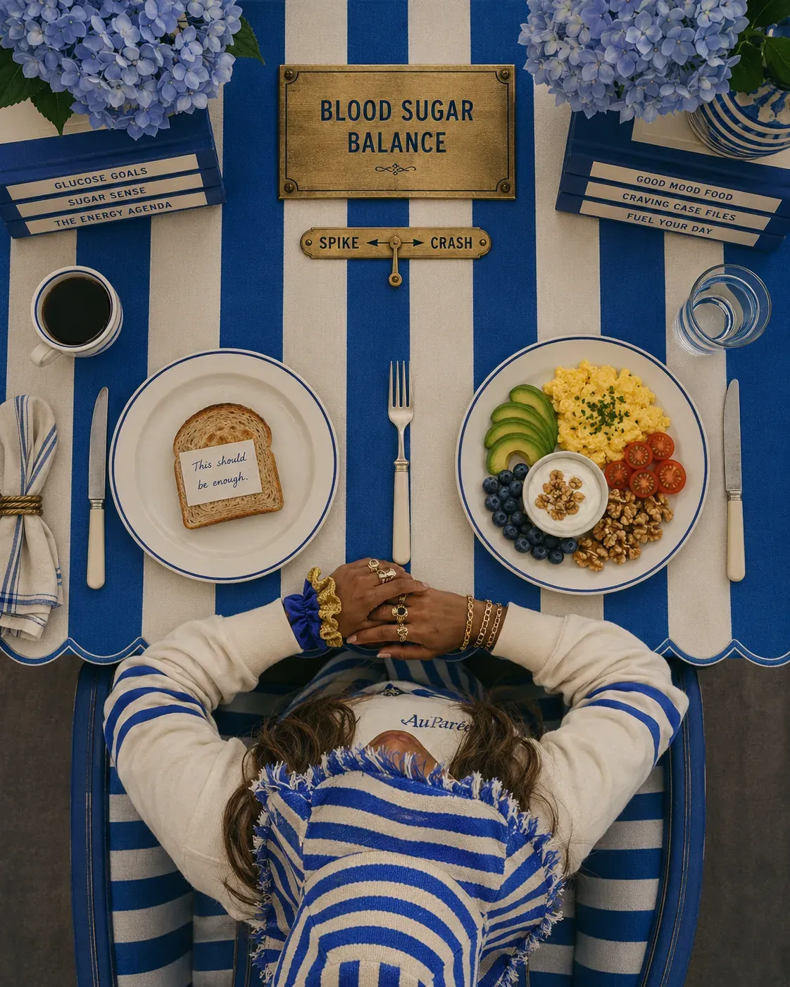 Overhead view of a balanced breakfast plate labelled blood sugar balance with eggs, avocado, fruit, and coffee in a cinematic blue-and-cream setting | Becoming Elysian nutrition over 35