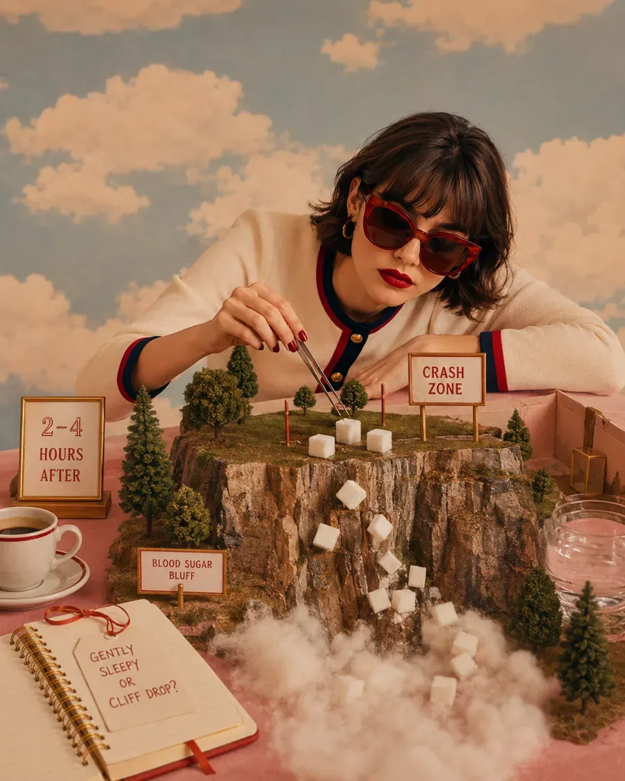 Woman holding a tiny ladder in a cloudlike blood sugar scene with signs about energy rising and falling | Becoming Elysian quiet luxury wellness