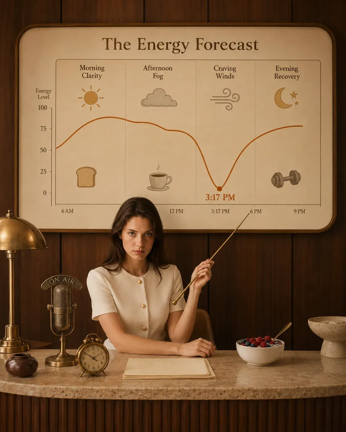 Woman pointing at a whimsical energy forecast chart to explain how blood sugar changes can affect cravings, mood, and afternoon energy | Becoming Elysian