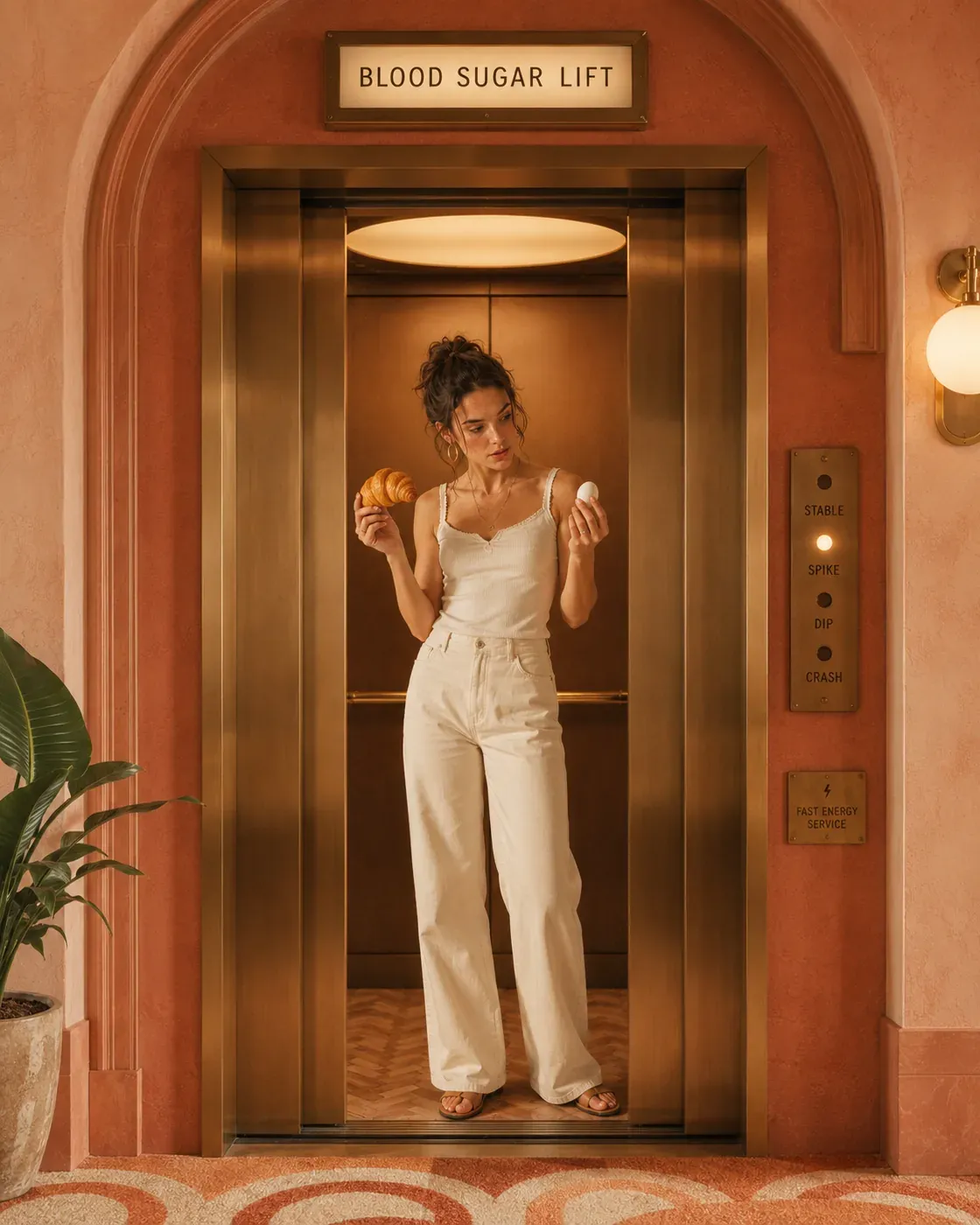 Woman standing inside a retro elevator labeled blood sugar lift, representing the rise and fall of energy and cravings