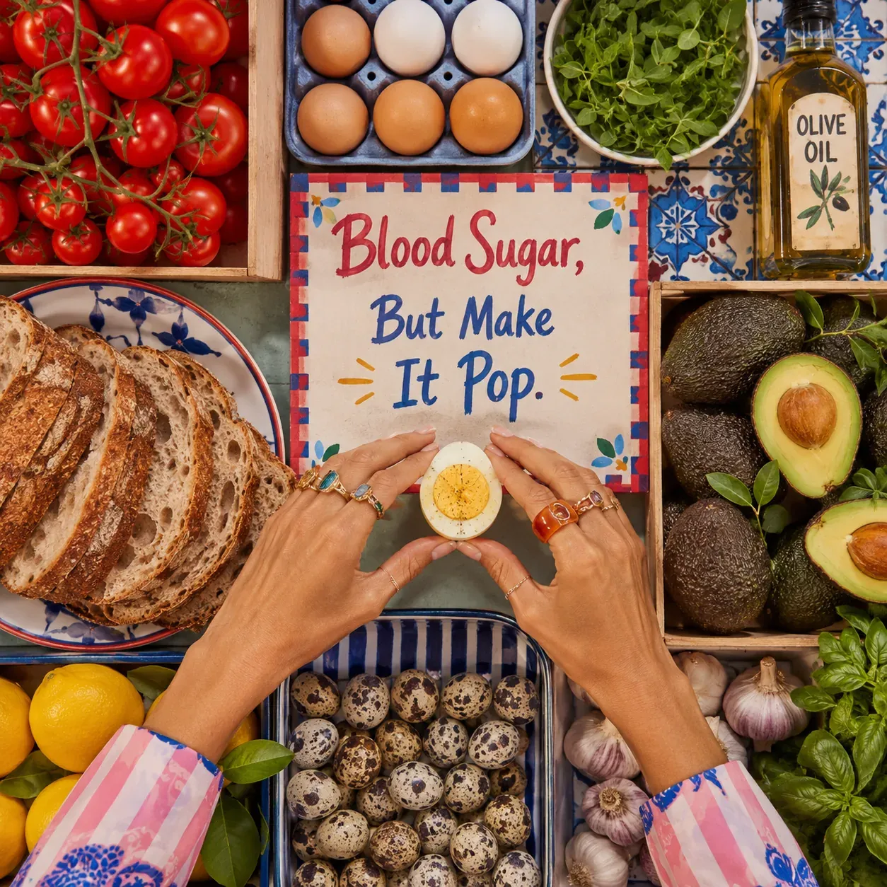Overhead Mediterranean food flat lay with sourdough, eggs, tomatoes, avocado, olive oil, lemons, herbs, and a sign about blood sugar | Becoming Elysian blood sugar balance
