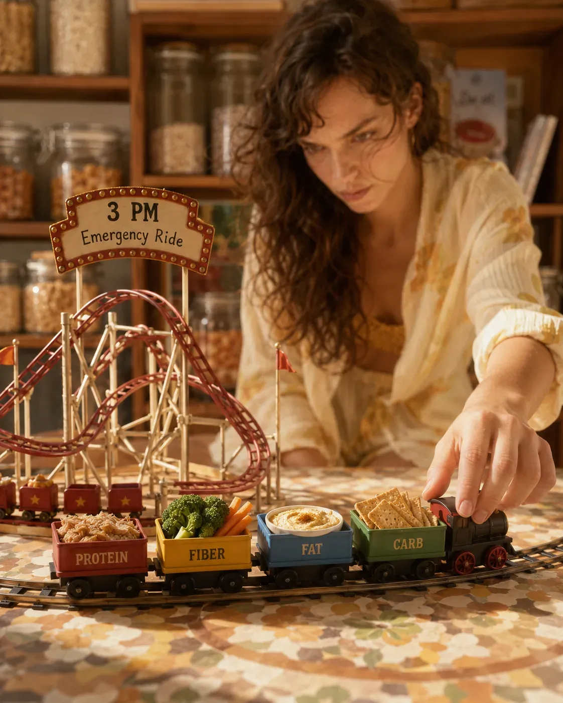 Toy train carrying protein, fiber, fat, and carb foods on a 3 PM emergency ride | Becoming Elysian steady energy nutrition