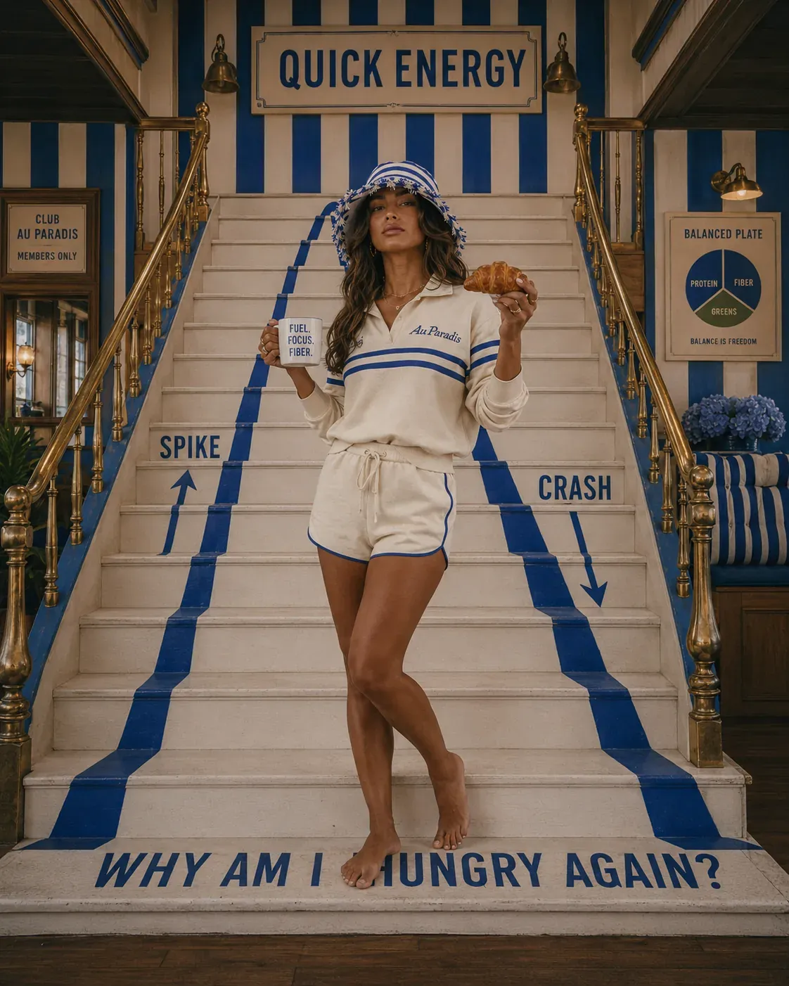 Woman standing on graphic stairs labelled spike and crash, showing how quick energy can lead to blood sugar swings and hunger soon after meals | Becoming Elysian steady energy