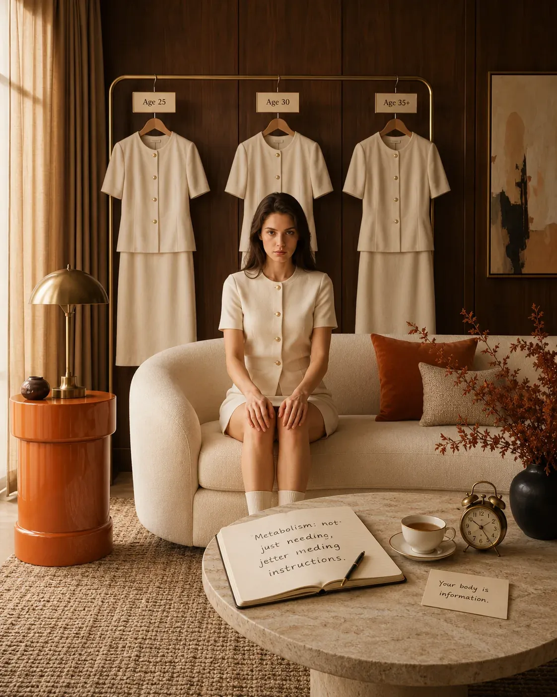 Woman sitting thoughtfully in a warm dressing room, reflecting on how her body, energy, cravings, and sleep can begin to feel different after 35 | Becoming Elysian women’s wellness
