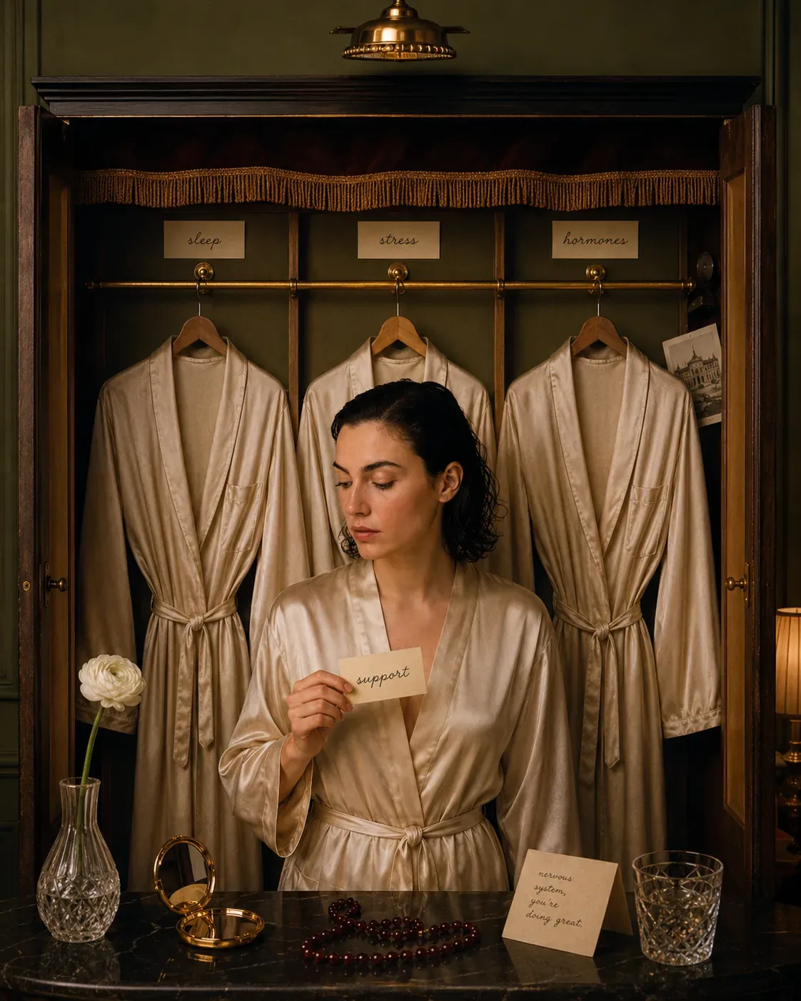 Woman standing before a wardrobe labelled sleep, stress, and hormones, holding a support card to symbolize the body needing more care with age
