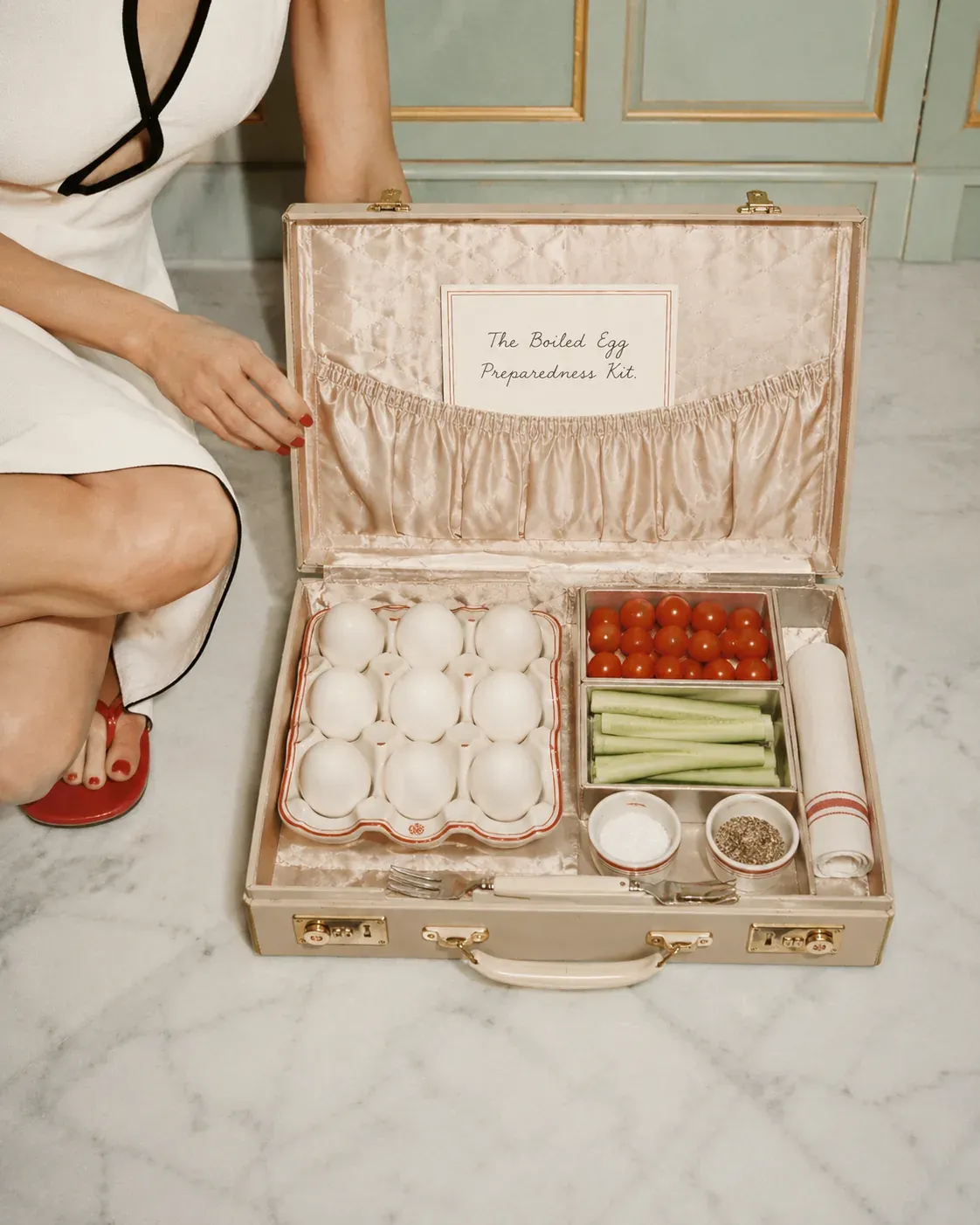 Beautifully prepared boiled egg snack box with cucumbers, cherry tomatoes, crackers, and seasonings for easy protein snack prep | Becoming Elysian quiet luxury wellness