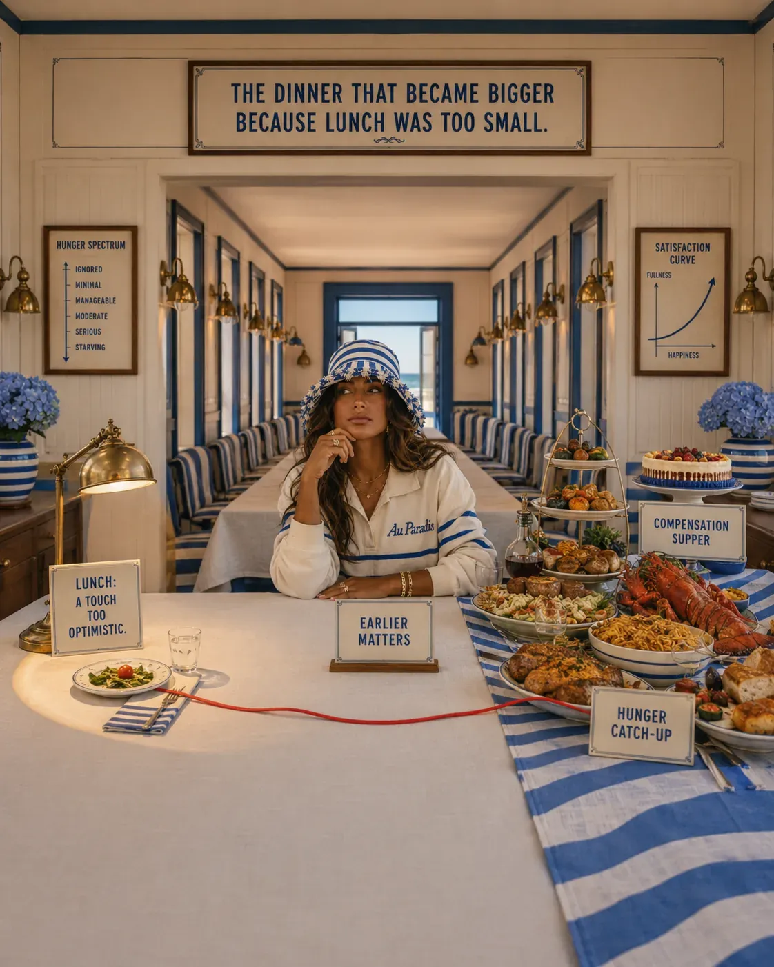 Woman at a long table with breakfast and lunch plates, illustrating how a tiny breakfast can lead to a bigger dinner later | Becoming Elysian meal rhythm