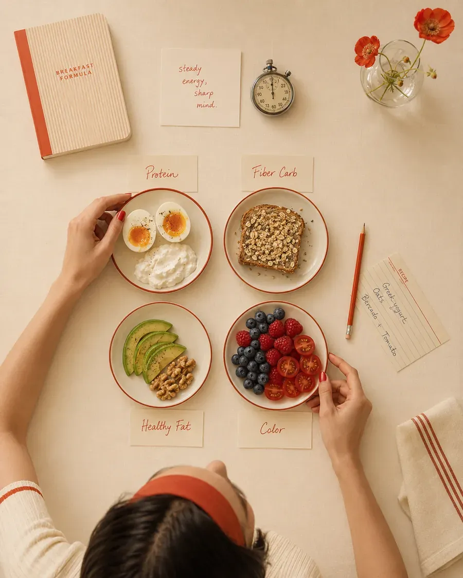 Overhead blood-sugar-friendly breakfast formula with eggs, oats, avocado, berries, and handwritten notes on a sunlit table | Becoming Elysian breakfast formula