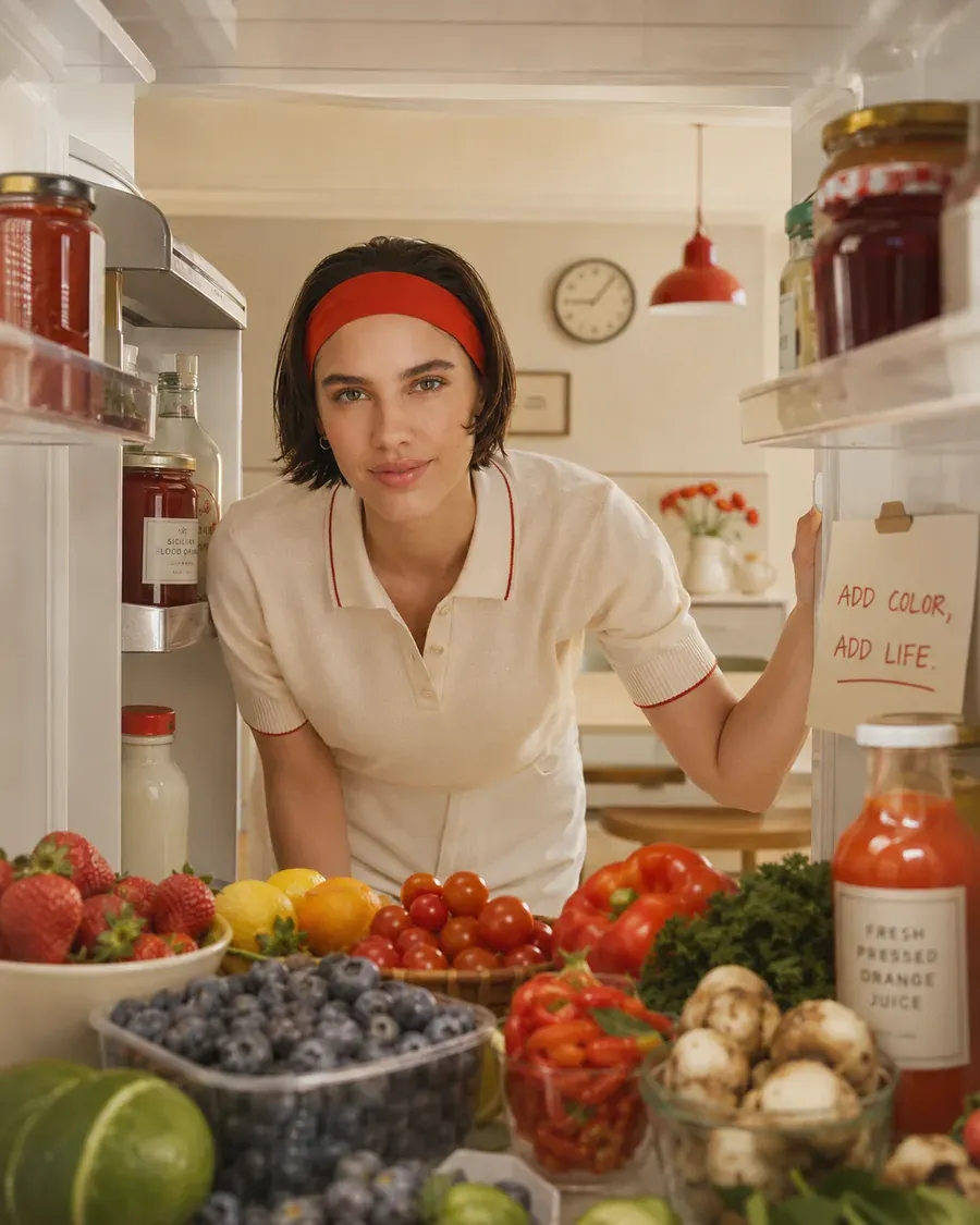 Woman in front of an organized fridge filled with berries, eggs, greens, yogurt, and breakfast ingredients, reflecting morning energy awareness | Becoming Elysian breakfast support