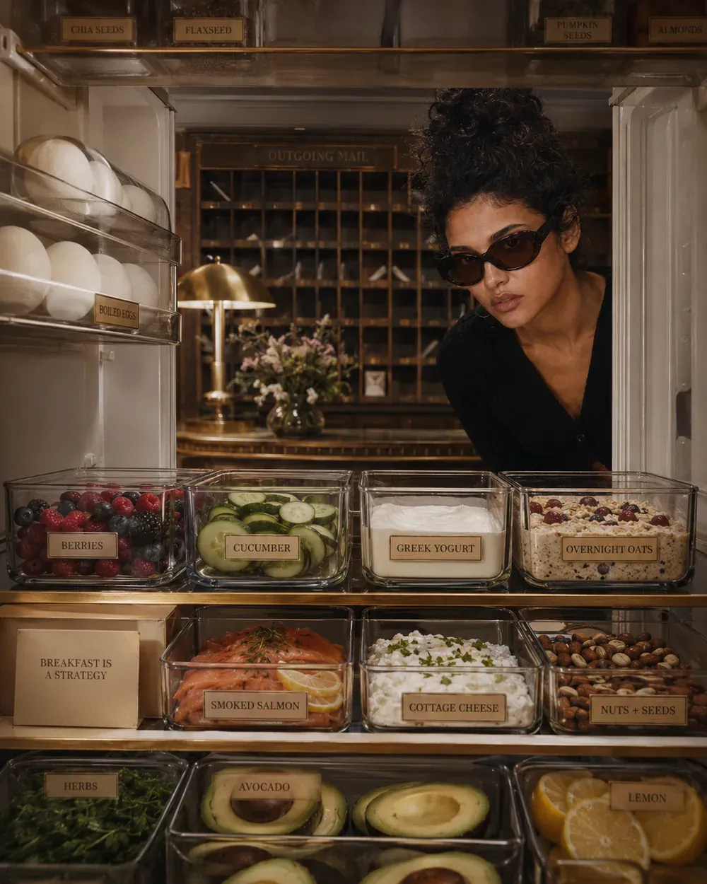 Organized fridge with labeled high-protein breakfast ingredients including Greek yogurt, cottage cheese, smoked salmon, berries, avocado, and seeds