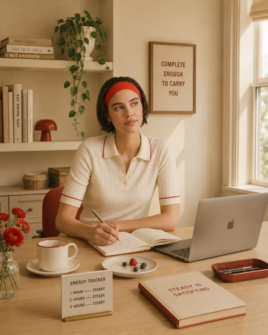 Woman at a calm desk with laptop, coffee, books, and breakfast notes, representing reflection and extra support for blood sugar symptoms | Becoming Elysian wellness guidance