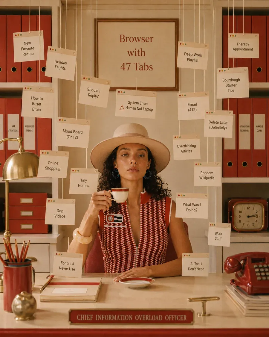 Woman surrounded by notes labeled browser with 47 tabs, representing cognitive overload and afternoon brain fog | Becoming Elysian