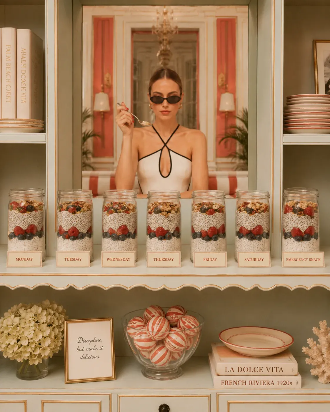 Grab-and-go high-protein snack jars and cups arranged on shelves for busy days, including yogurt, fruit, cheese, and simple prepared snacks | Becoming Elysian quiet luxury wellness