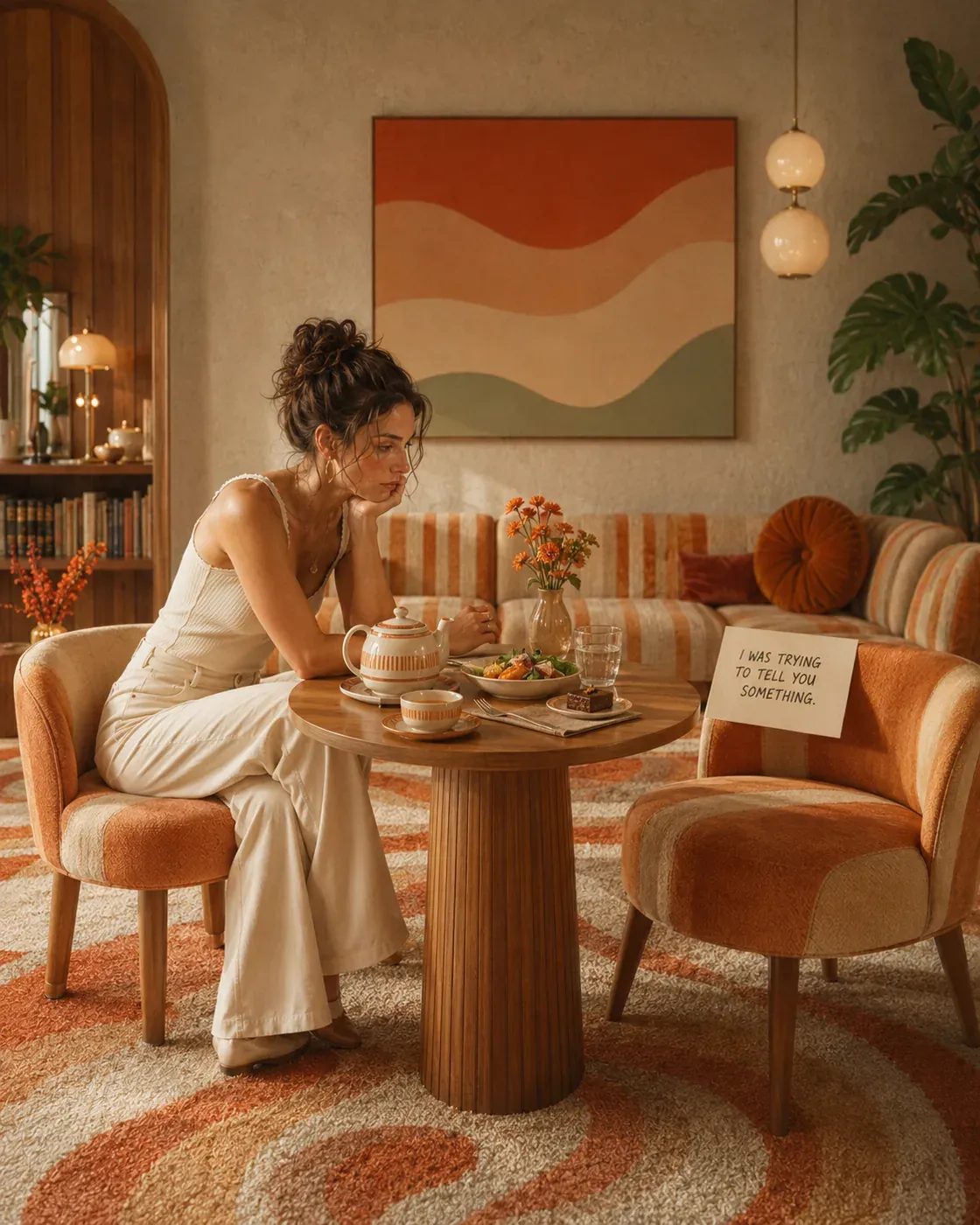 Woman seated with tea in a warm room, symbolizing cravings as a conversation with the body