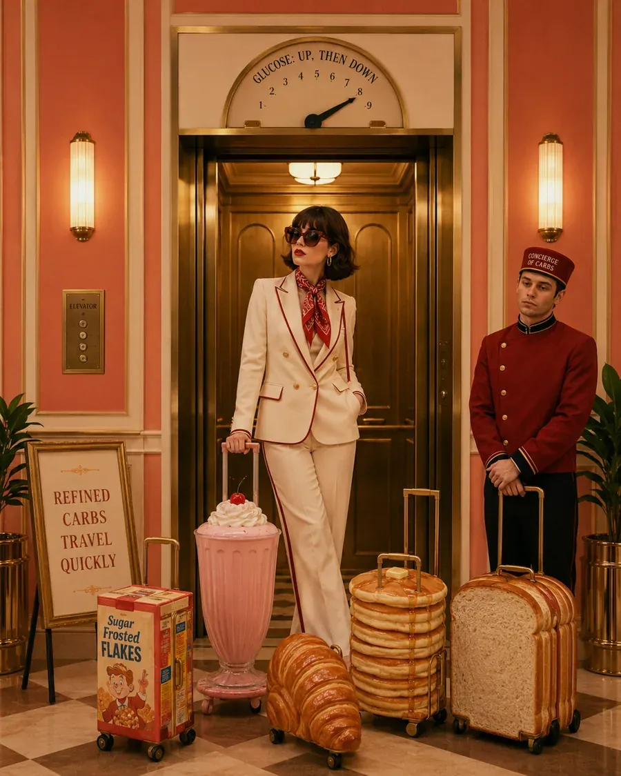 Woman arriving at a hotel-style entrance with baskets and signs representing carbohydrates and digestion | Becoming Elysian quiet luxury wellness