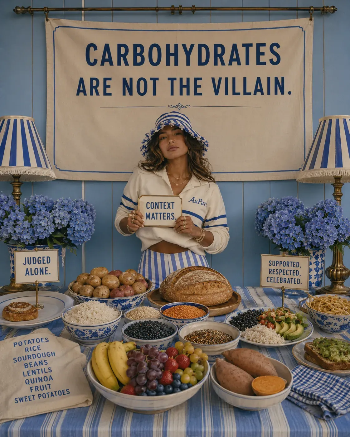 Woman at a market stall with a sign reading carbohydrates are not the villain, surrounded by potatoes, fruit, grains, and vegetables | Becoming Elysian blood-sugar-friendly carbohydrates
