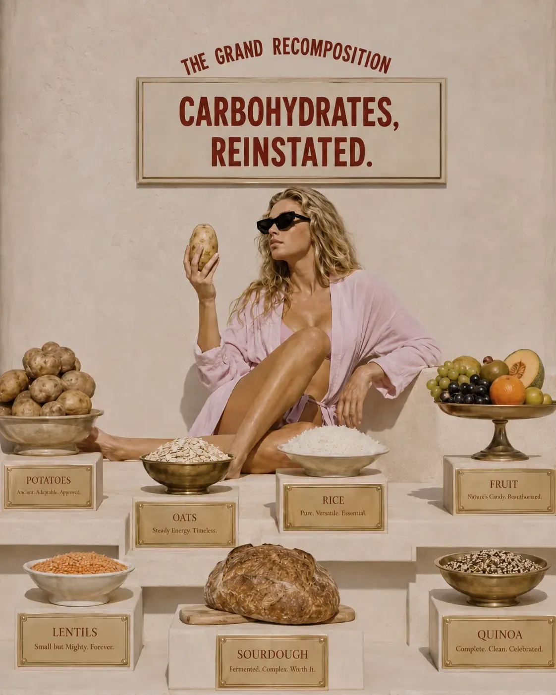 A radiant woman in a flowing pink robe sits among abundant bowls of potatoes, oats, rice, sourdough bread, lentils, quinoa, and fresh fruit on marble steps. Bold signage declares "CARBOHYDRATES, REINSTATED" in a warm, sunlit Mediterranean interior, celebrating nourishing fuel with quiet luxury | Becoming Elysian carbohydrates for women strength training