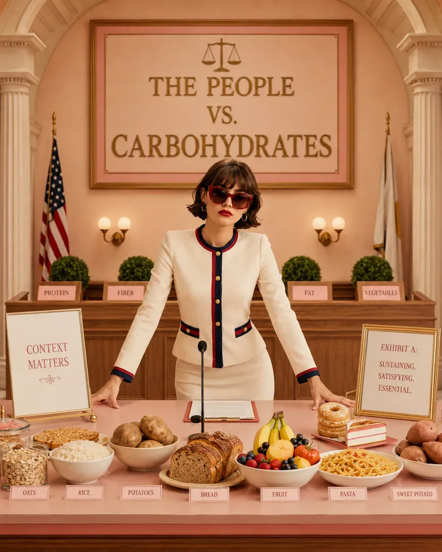 Woman standing in a courtroom-style scene labelled The People vs Carbohydrates with balanced foods on the table | Becoming Elysian quiet luxury wellness