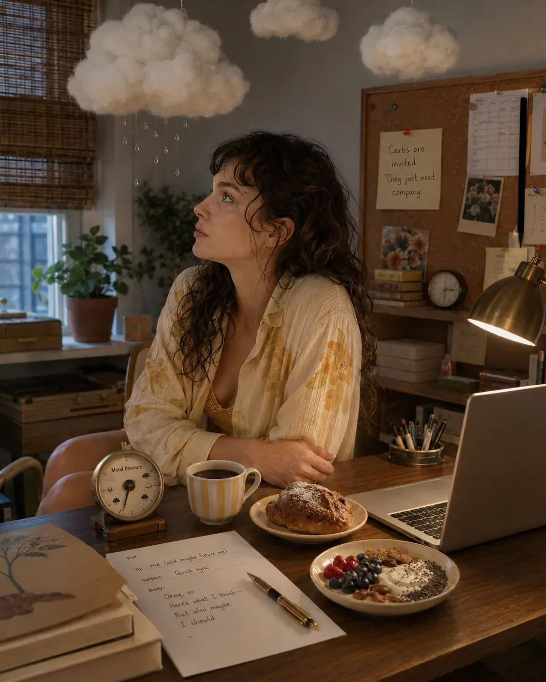 Woman at a desk with balanced snack and a note saying carbohydrates are invited, they just need company | Becoming Elysian blood sugar balance for women