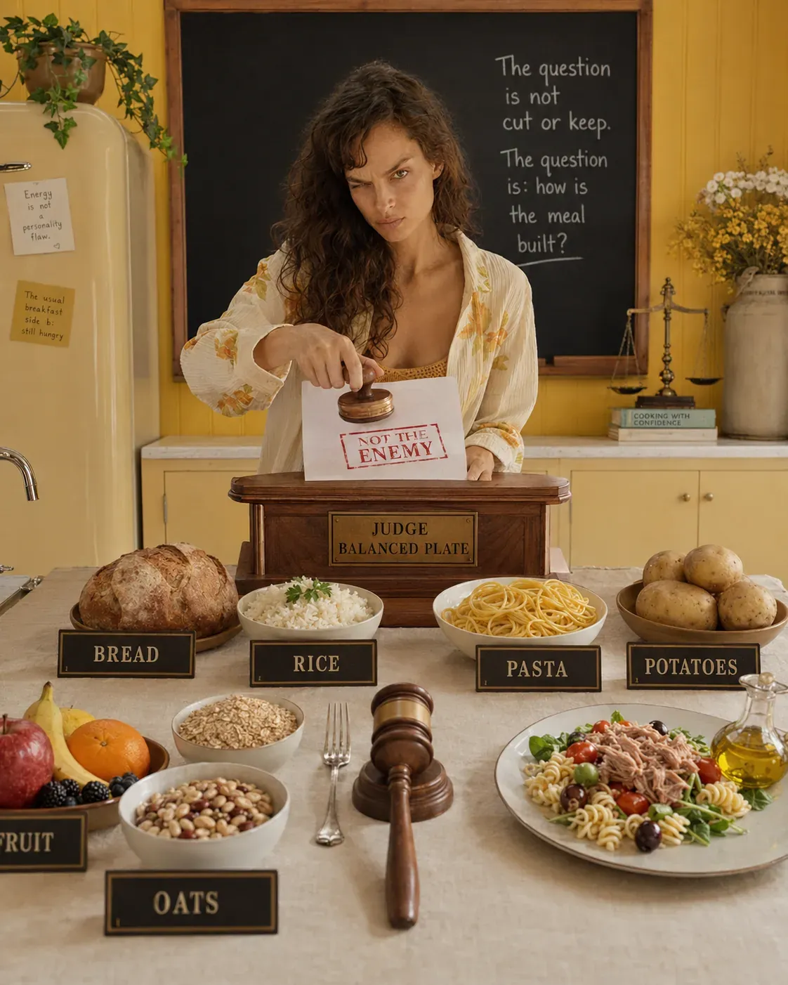 Woman stamping carbohydrates as not the enemy with bread, rice, pasta, potatoes, fruit, and oats on a balanced plate table | Becoming Elysian carbohydrates for women over 35