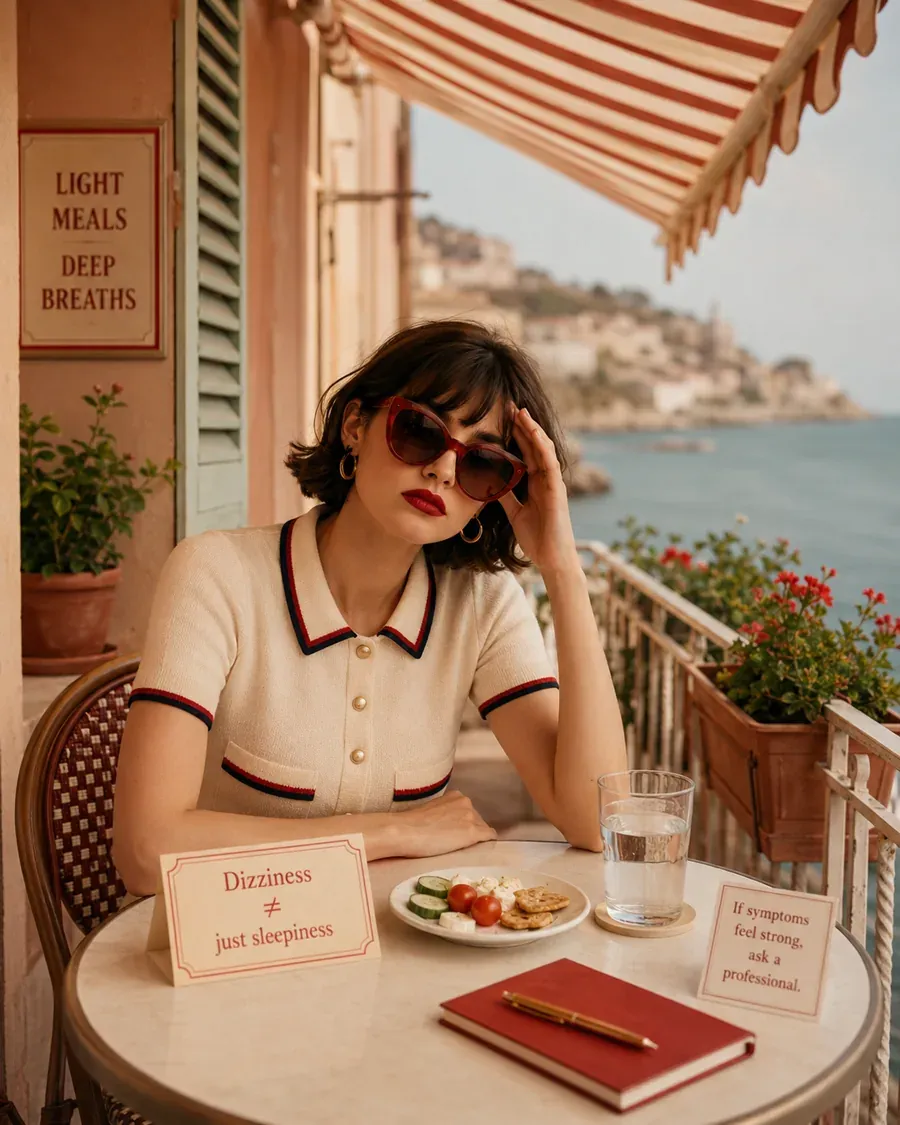 Woman seated on a Mediterranean terrace with a small balanced meal and sea view, reflecting on post-meal energy | Becoming Elysian quiet luxury wellness