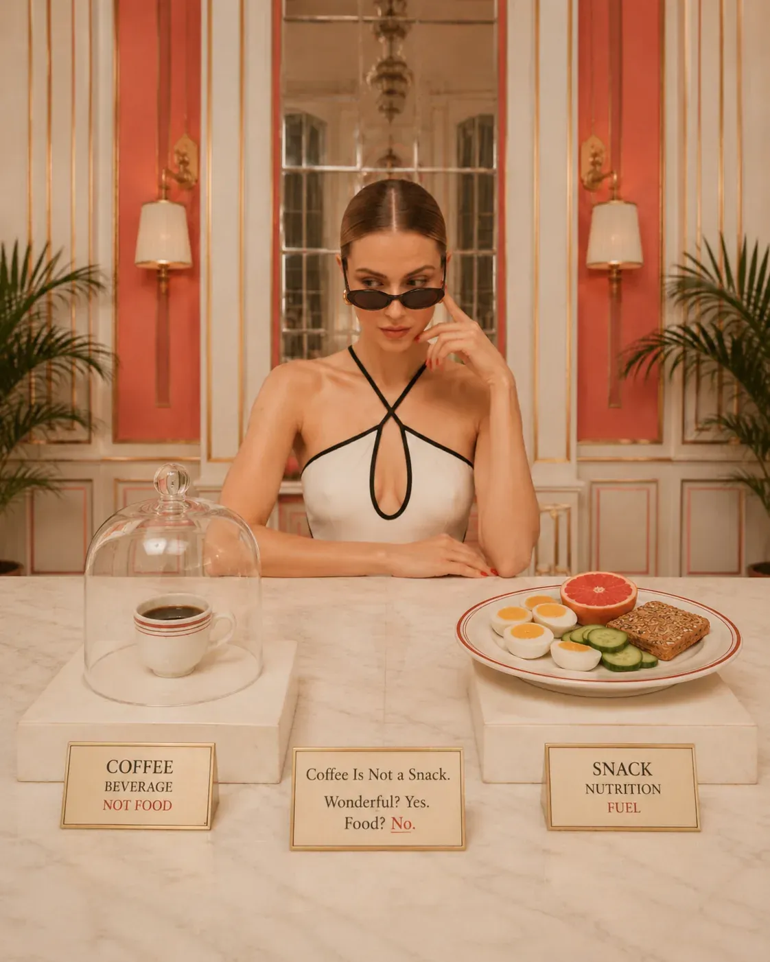 A woman at a small café table with coffee and a snack card, gently illustrating why coffee alone is not a nourishing snack | Becoming Elysian quiet luxury wellness