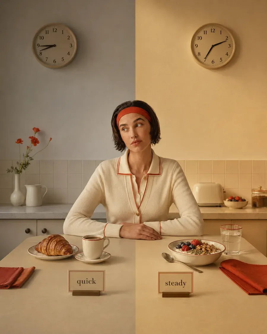 Woman seated at a kitchen counter with coffee and labeled breakfast cards reading quick and steady, showing coffee is not breakfast | Becoming Elysian caffeine and breakfast