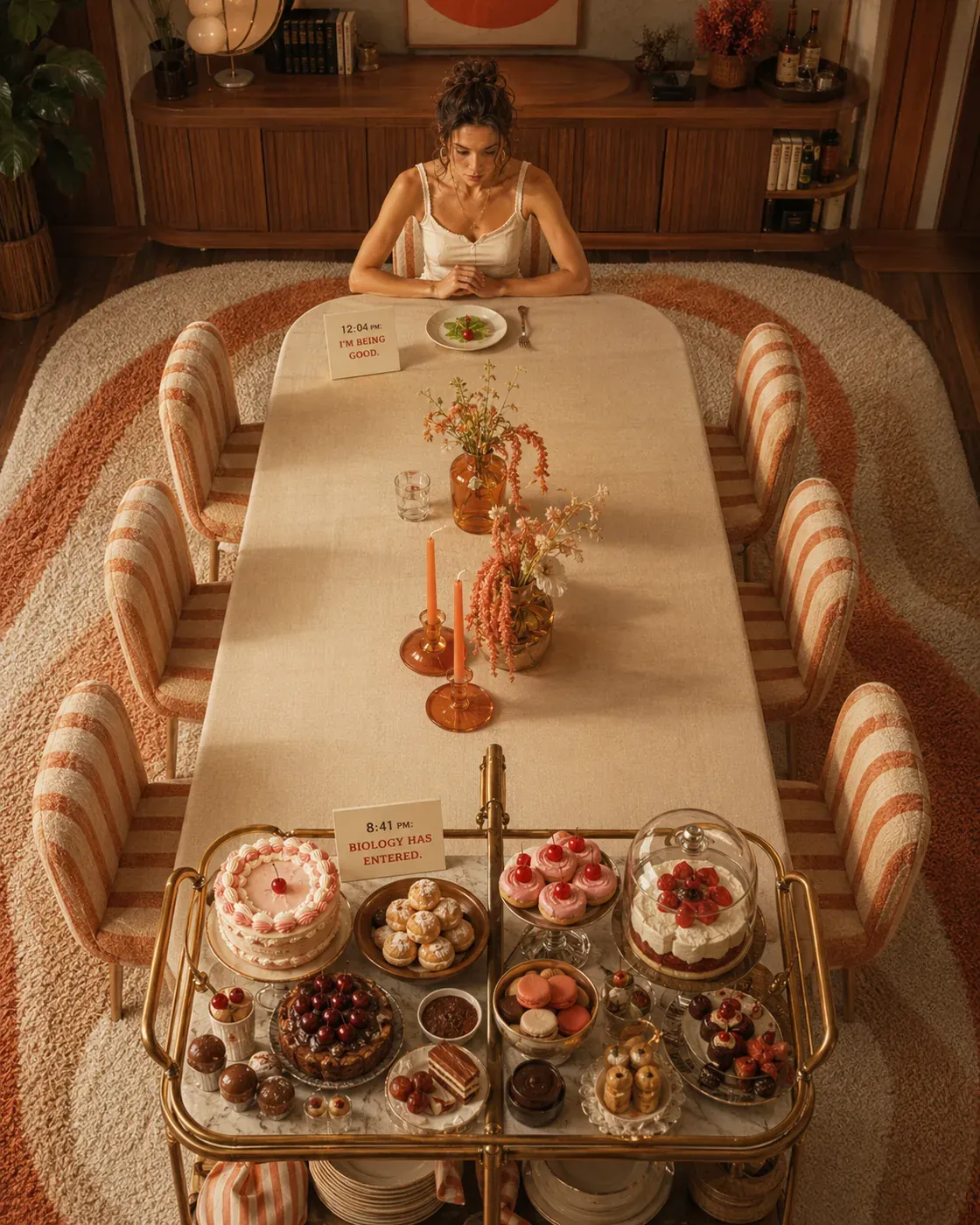 Long dining table with sweet and savory foods in warm light, showing how comfort foods can feel especially appealing during stress